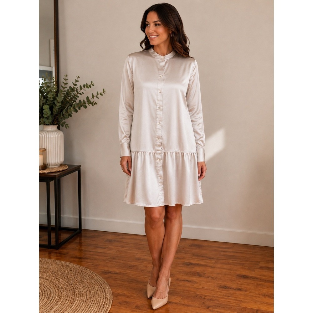 Banana Republic Womens 8P Silk Drop Waist Shirt Dress Champagne Silver Mini 100%